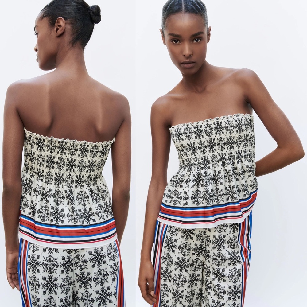 Zara Black and White Strapless Crop Top with Red and Blue Accents